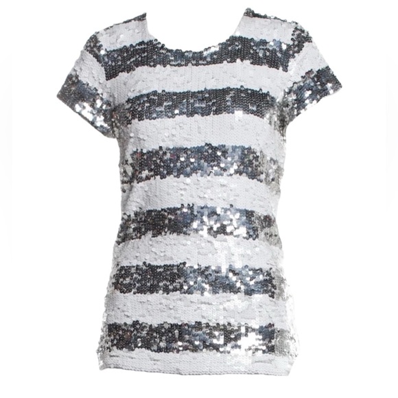 alice + olivia sequin striped short sleeve shirt grey white - Picture 1 of 6